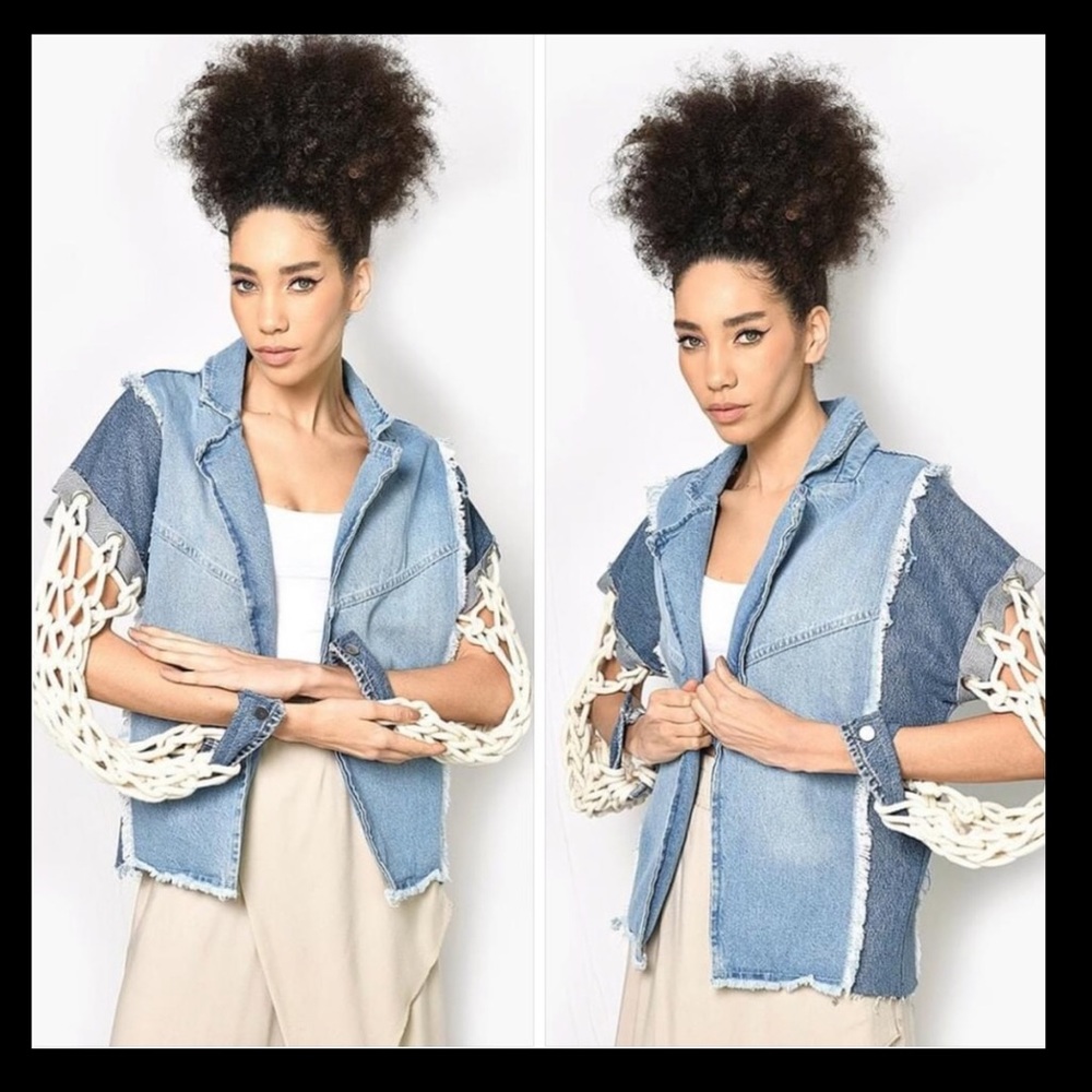 New NEW Blue denim macrame sleeve jean jacket size S